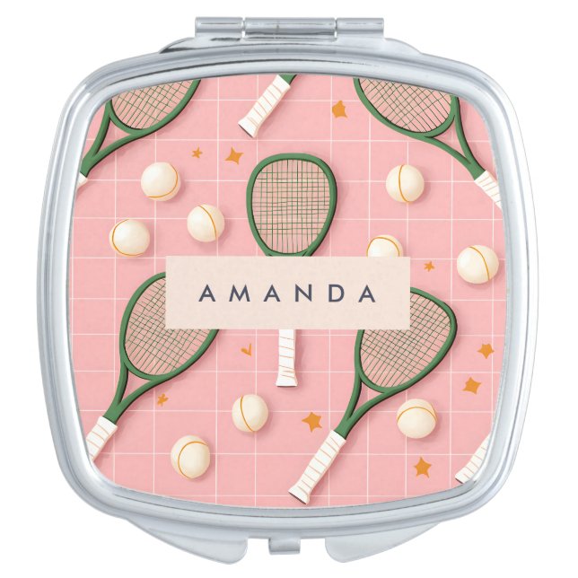 Monogram Personalized Retro Tennis Racket Pattern Compact Mirror (Front)