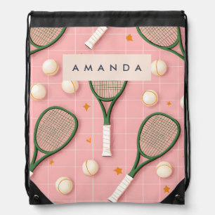 Monogram Personalized Retro Tennis Racket Pattern Drawstring Bag