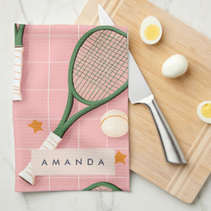 Monogram Personalized Retro Tennis Racket Pattern Kitchen Towel