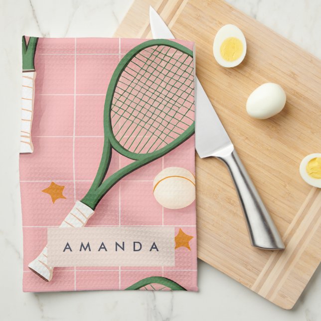 Monogram Personalized Retro Tennis Racket Pattern Kitchen Towel (Quarter Fold)