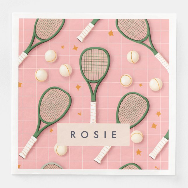 Monogram Personalized Retro Tennis Racket Pattern Paper Dinner Napkins (Front)