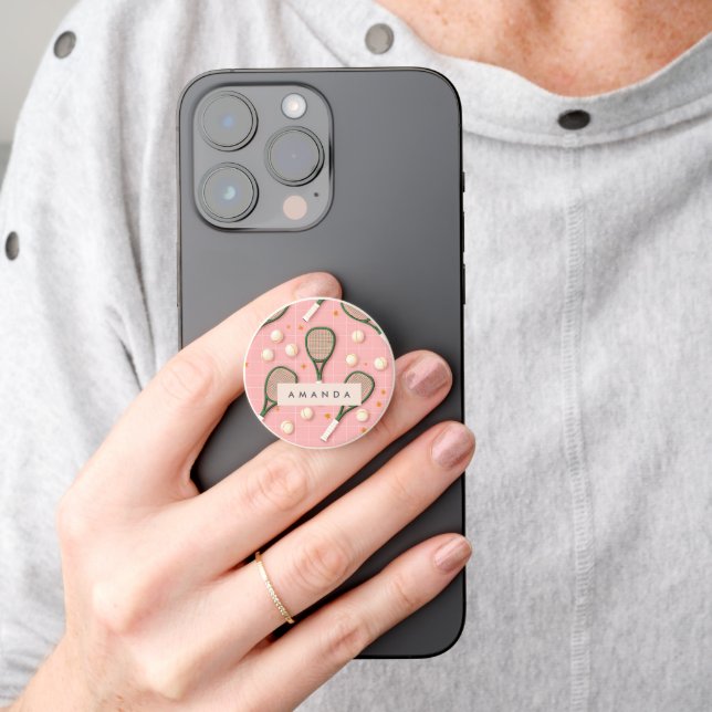 Monogram Personalized Retro Tennis Racket Pattern PopSocket (Hand)