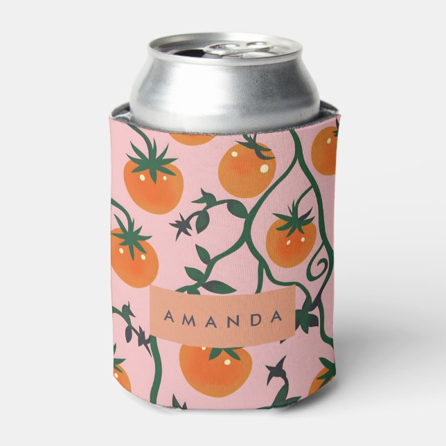 Monogram Personalized Retro Tomato Vine Pattern Can Cooler (Can Front)