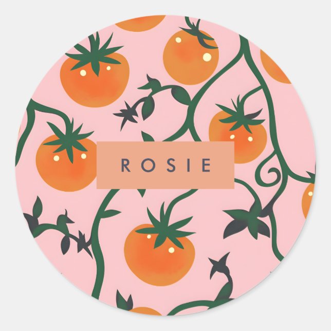 Monogram Personalized Retro Tomato Vine Pattern Classic Round Sticker (Front)