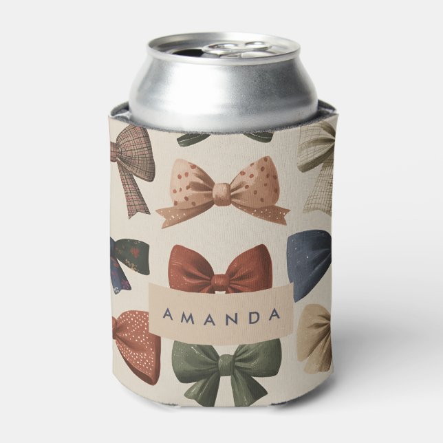 Monogram Personalized Retro Vintage Bow Pattern Can Cooler (Can Front)