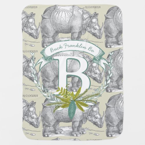 Monogram Personalized Rhinoceros Mint Baby Boy Baby Blanket