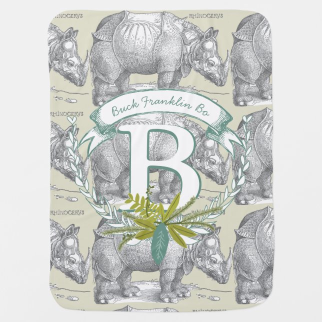 Monogram Personalized Rhinoceros Mint Baby Boy Blanket (Front)