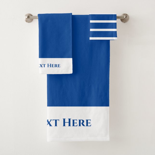 Monogram Personalized Royal Blue White Solid Strip Bath Towel Set (Insitu)