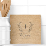 Monogram personalized rustic kitchen family name ceramic tile<br><div class="desc">Custom laurel monogrammed family name and established year elegant chic rustic country farmhouse style ochre beige burlap template tile.         A modern keepsake gift or kitchen decor for weddings,  anniversaries,  housewarmings,  Thanksgiving,  Christmas,  or any other occasion.</div>