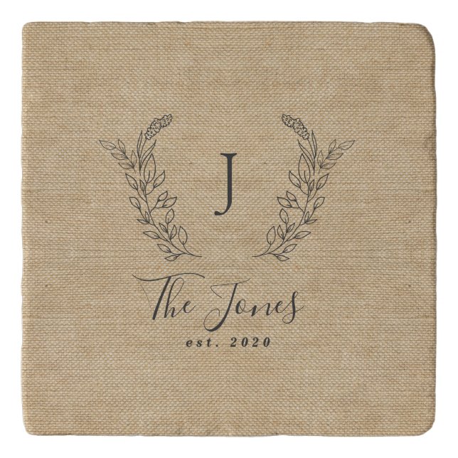 Monogram personalized rustic kitchen family name trivet (Front)