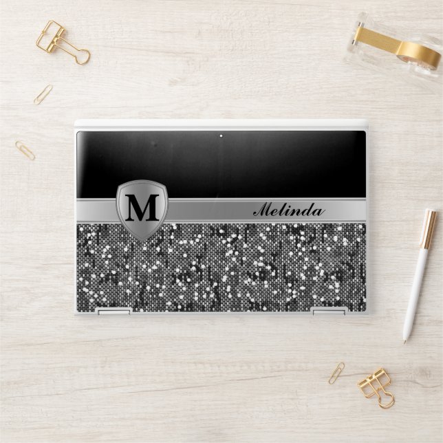 Monogram, Personalized Silver Gray Confetti HP Laptop Skin (Desk)