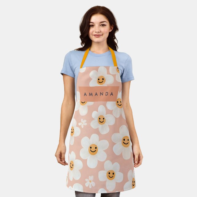 Monogram Personalized Smile Daisy Floral Pattern Apron (Worn)