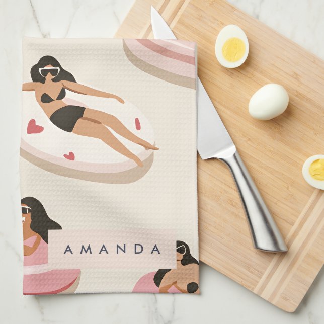 Monogram Personalized Summer Pool Float Pattern  Kitchen Towel (Quarter Fold)