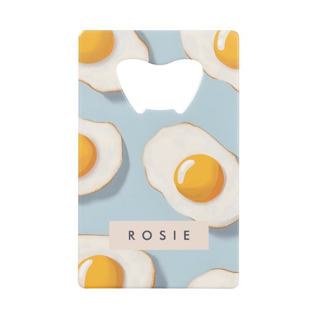 Monogram Personalized Sunny Side Up Egg Pattern Credit Card Bottle Opener (Front)