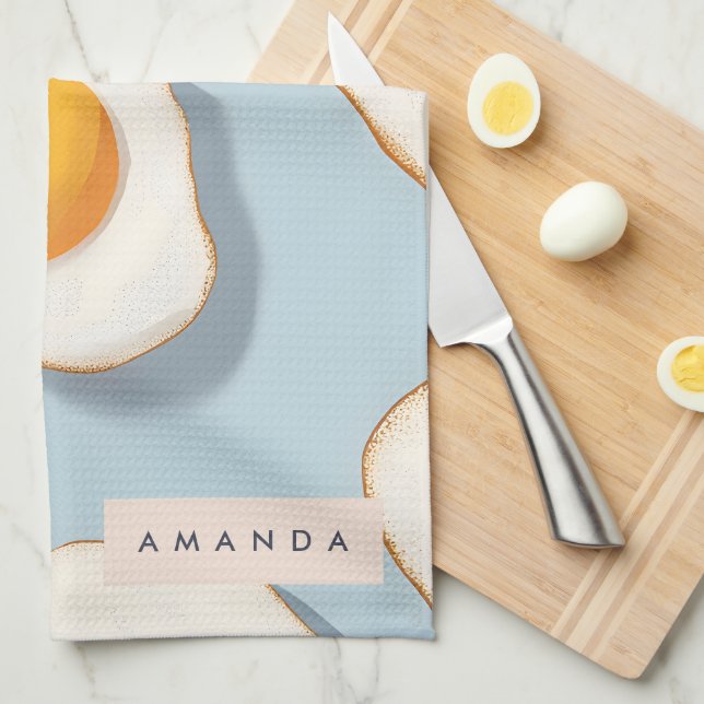 Monogram Personalized Sunny Side Up Egg Pattern Kitchen Towel (Quarter Fold)