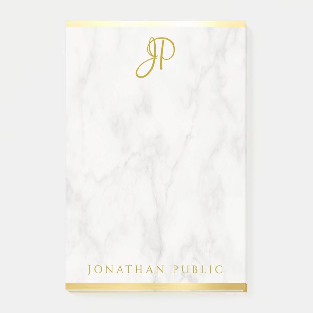 Monogram Personalized Template White Marble Gold Post-it Notes (Front)