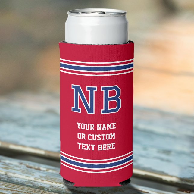 Monogram Personalized Text Crimson Navy White Seltzer Can Cooler (Creator Uploaded)