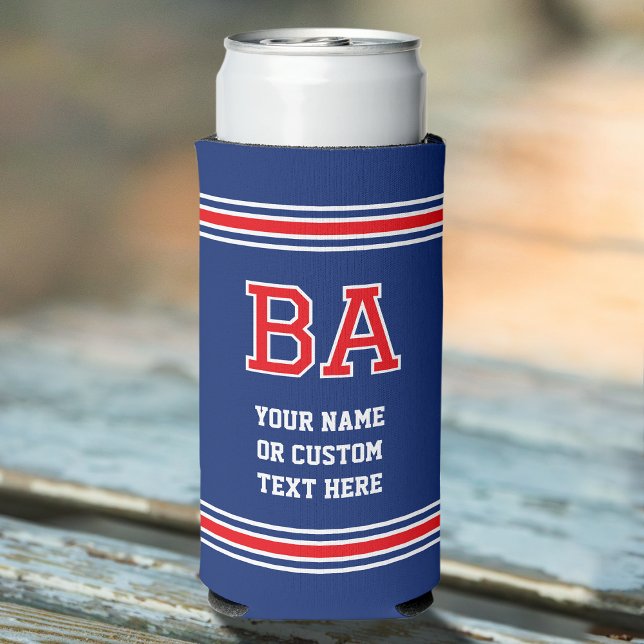 Monogram Personalized Text Navy Red Seltzer Can Cooler (Creator Uploaded)