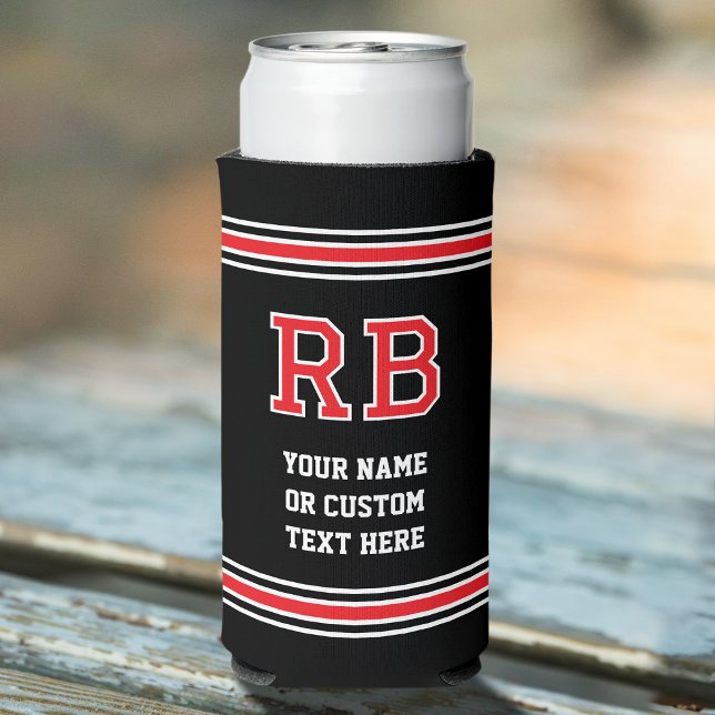 Monogram Personalized Text Red Black Seltzer Can Cooler (Creator Uploaded)