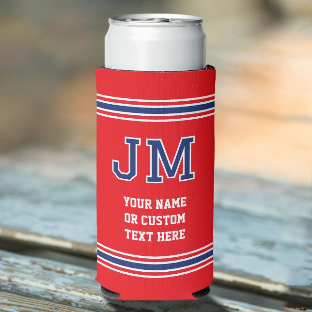 Monogram Personalized Text Red Navy Blue White Seltzer Can Cooler (Creator Uploaded)