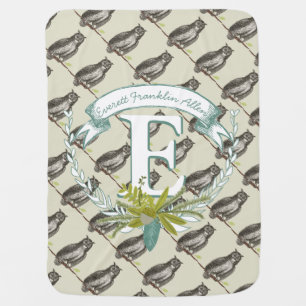 Monogram Personalized Vintage Owl Mint Baby Boy Swaddle Blanket