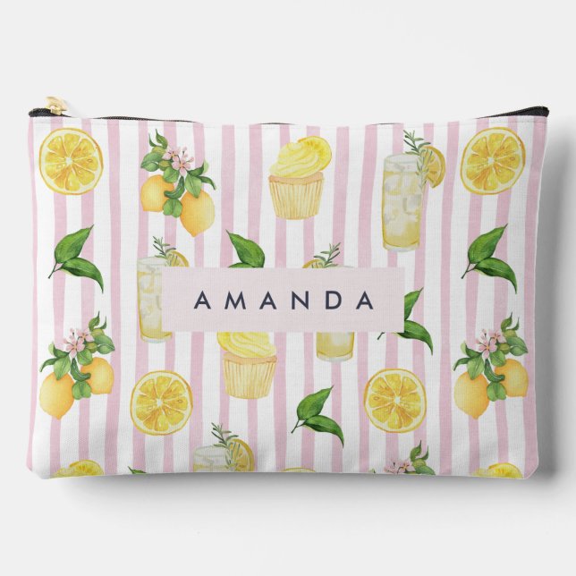 Monogram Personalized Watercolor Lemons Lemonade Accessory Pouch (Front)