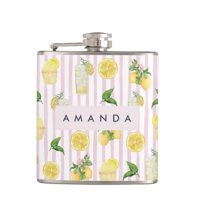 Monogram Personalized Watercolor Lemons Lemonade Flask (Front)