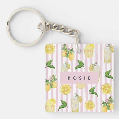 Monogram Personalized Watercolor Lemons Lemonade Keychain