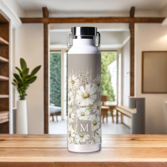 Monogram Personalized Wildflower Floral Water Bottle (Personalized Monogrammed Floral Pattern Beige Water Bottle by MINTIC DESIGN STUDIO)