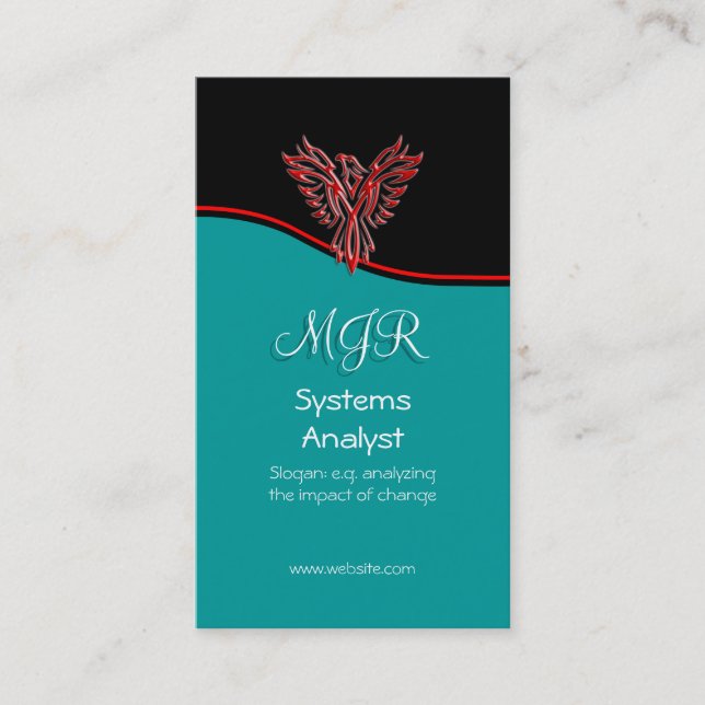 Monogram, Phoenix Systems Analyst, red swoosh Business Card (Front)