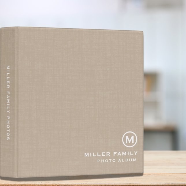 Monogram Photo Album Book on Beige Linen Print 3 Ring Binder (Creator Uploaded)
