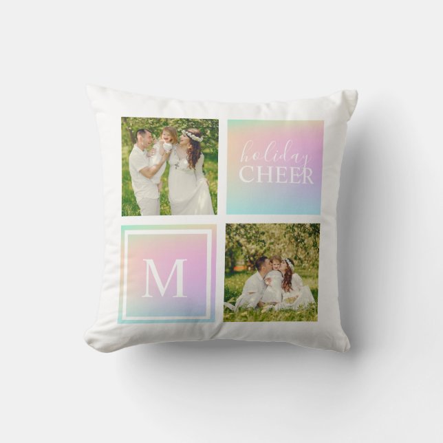 Monogram Photo Christmas Holiday Cheer Iridescent Throw Pillow (Front)