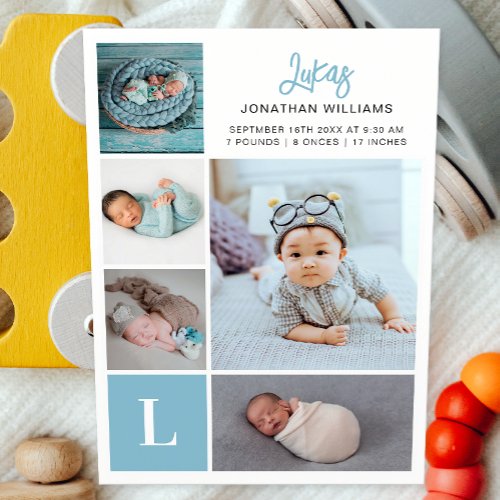 Monogram Photo Collage Baby Boy Birth   Announcement