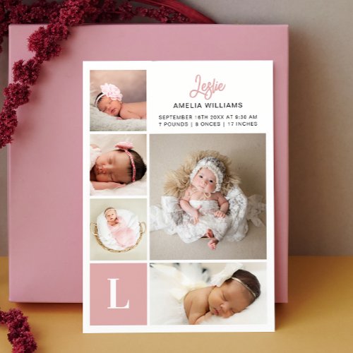 Monogram Photo Collage Baby Girl Birth  Announcement
