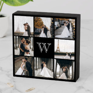 Monogram Photo Collage Black Border Wooden Box Sign