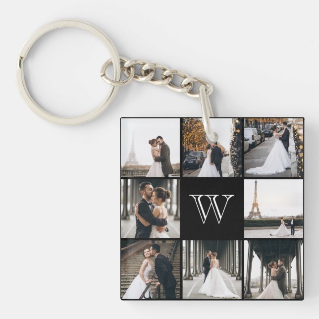 Monogram Photo Collage Black Gift Keychain (Front)