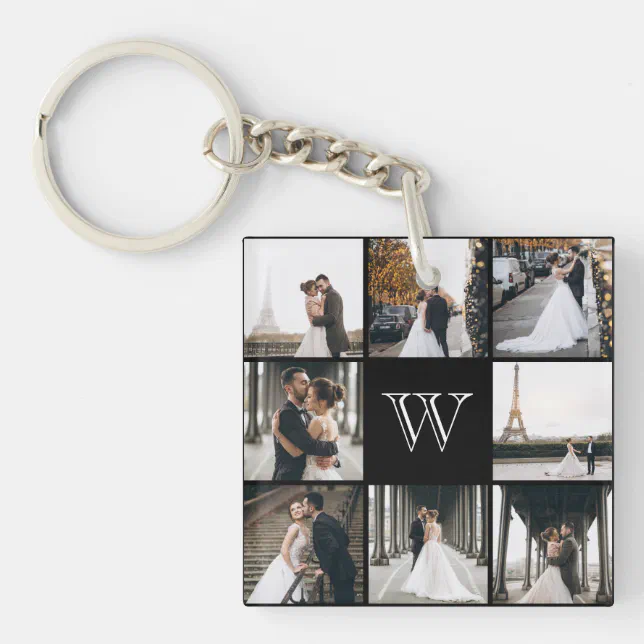Monogram Photo Collage Black Gift Keychain | Zazzle