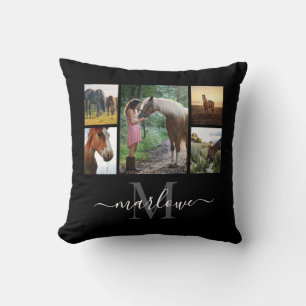 Monogram Photo Collage Black Horse Girl Name Throw Pillow
