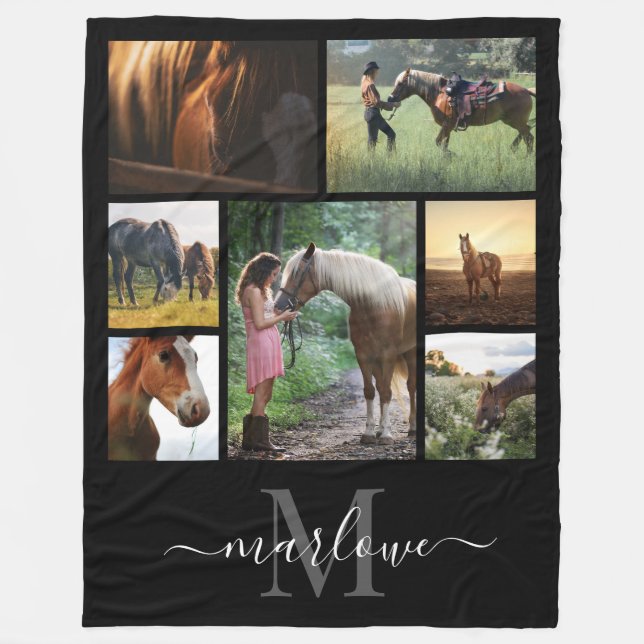 Monogram Photo Collage Black White Name Fleece Blanket (Front)