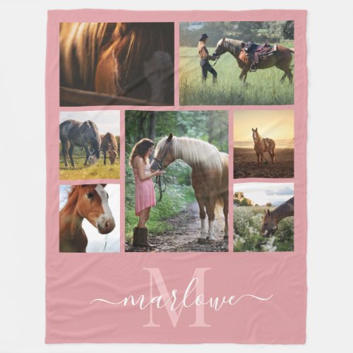 Monogram Photo Collage Blush Pink Custom Name Fleece Blanket
