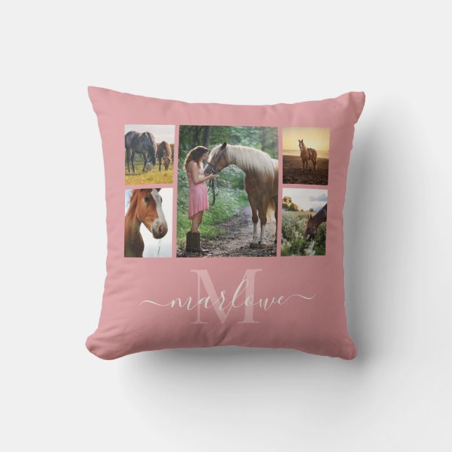 Monogram Photo Collage Blush Pink Horse Girl Throw Pillow (Front)