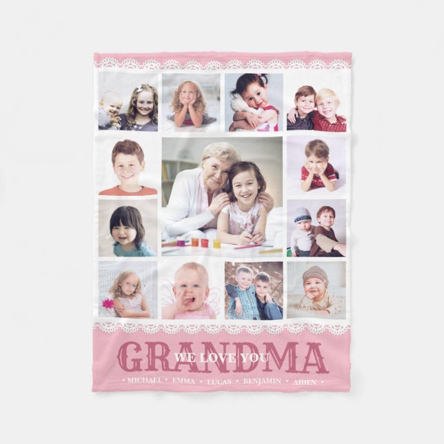 Monogram Photo Collage Happy Birthday Grandma Fleece Blanket (Front)