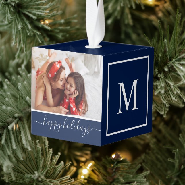 Monogram Photo Collage Happy Holiday Navy Cube Ornament (Tree)