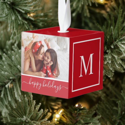 Monogram Photo Collage Happy Holiday Red Cube Ornament