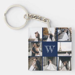 Monogram Photo Collage Navy Blue Keychain