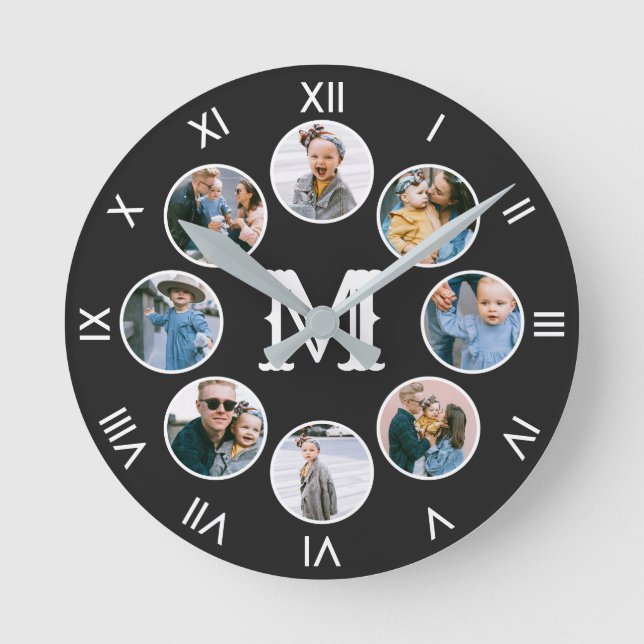 Monogram Photo Collage Roman Numbers Round Clock (Front)