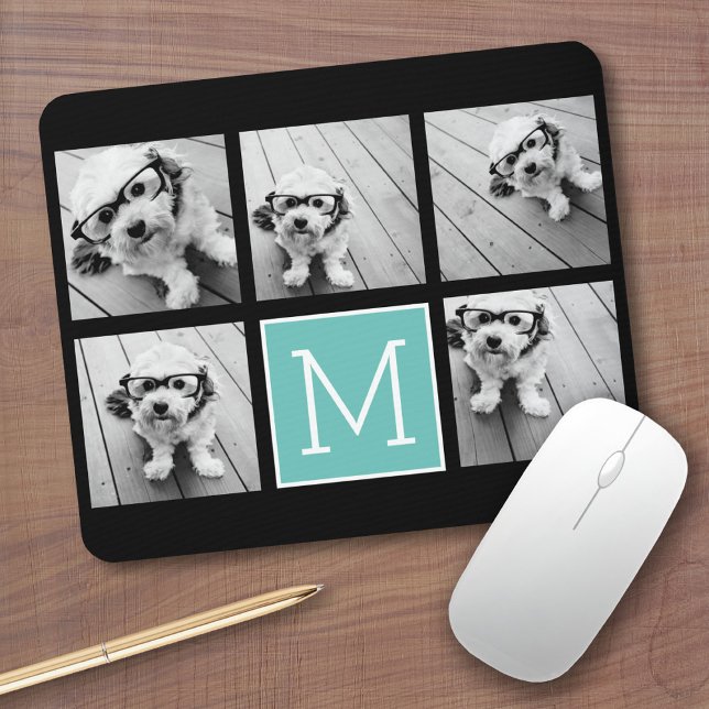 Monogram Photo Collage - Up to 5 photos Black Mouse Pad (Personalized mousepad - Add Photos and Custom Text)