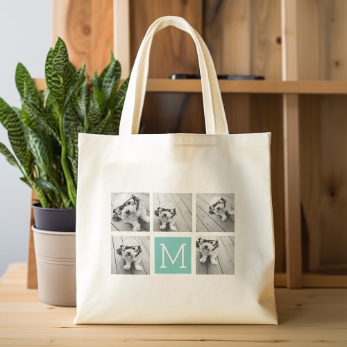 Monogram Photo Collage _ Up to 5 photos Teal Tote Bag