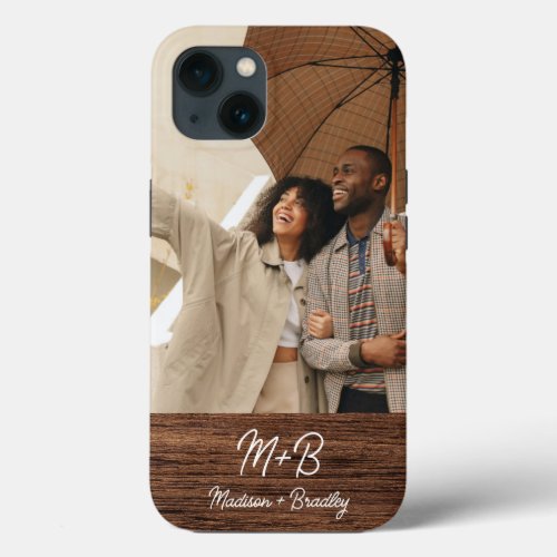 Monogram Photo Couple Wood Personalized Name iPhone 13 Case