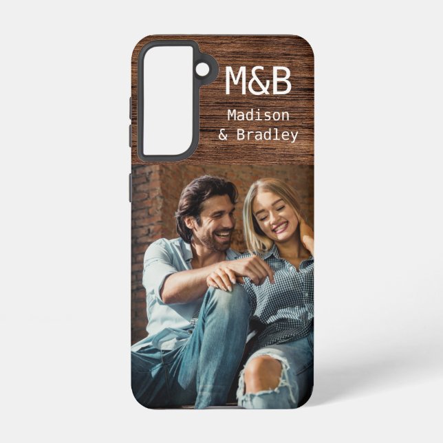 Monogram Photo Couple Wood Personalized Name Samsung Galaxy Case (Back)
